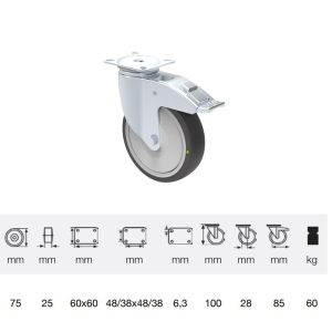 BDPC_0751_5000 rolă pivotantă cu frână, conductivă electric, 75 mm, capacitate de încărcare 60 kg, prindere cu placă