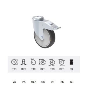 BDPC_0755_5000 rolă pivotantă cu frână, conductivă electric, 75 mm, capacitate de încărcare 60 kg, prindere cu gaură centrală