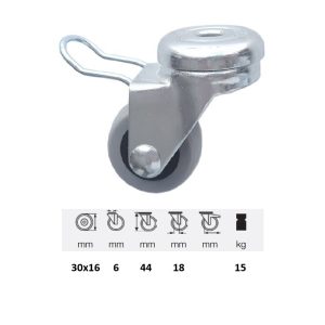 BDPE 0305 1001 rolă pivotantă cu frână, 30 mm, capacitate de încărcare 15 kg, prindere cu gaură centrală