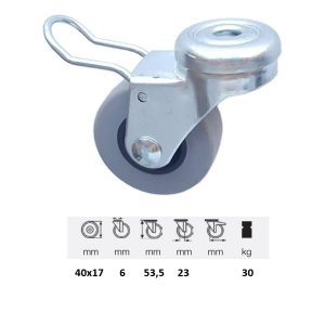 BDPE 0405 1001 rolă pivotantă cu frână, 40 mm, capacitate de încărcare 30 kg, prindere cu gaură centrală