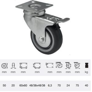 BDPE 0501 1001, Rolă pivotantă cu frână, 50 mm, capacitate de încărcare 40 kg, prindere cu placă