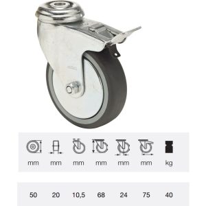 BDPE 0505 1001, Rolă pivotantă cu frână, 50 mm, capacitate de încărcare 40 kg, prindere cu gaură centrală
