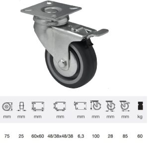 BDPE 0751 1001, Rolă pivotantă cu frână, 75 mm, capacitate de încărcare 60 kg, prindere cu placă