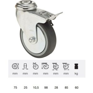 BDPE 0755 1001, Rolă pivotantă cu frână, 75 mm, capacitate de încărcare 60 kg, prindere cu gaură centrală