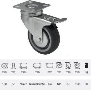 BDPE 1001 1001, Rolă pivotantă cu frână, 100 mm, capacitate de încărcare 90 kg, prindere cu placă