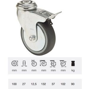 BDPE 1005 1001, Rolă pivotantă cu frână, 100 mm, capacitate de încărcare 90 kg, prindere cu gaură centrală