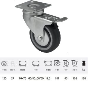 BDPE 1251 1001, Rolă pivotantă cu frână, 125 mm, capacitate de încărcare 120 kg, prindere cu placă