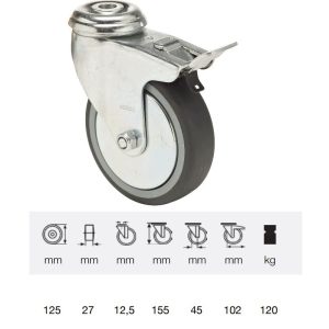 BDPE 1255 1001, Rolă pivotantă cu frână, 125 mm, capacitate de încărcare 120 kg, prindere cu gaură centrală