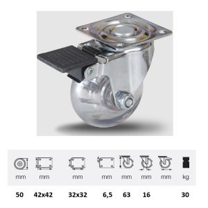 BDPI 0501 5000 rolă pivotantă cu frână, 50 mm, capacitate de încărcare 30 kg, prindere cu placă