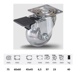 BDPI 0751 5000 rolă pivotantă cu frână, 75 mm, capacitate de încărcare 40 kg, prindere cu placă