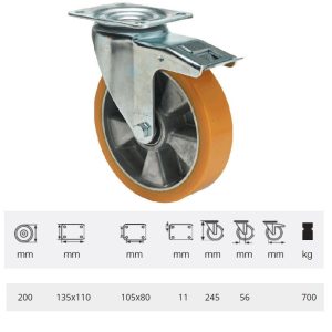 BHAU 2003 6440, Rolă pivotantă pentru sarcini mari, Suprafață de rulare din poliuretan, montată în furcă zincată, 200 mm, capacitate de încărcare 700 kg,