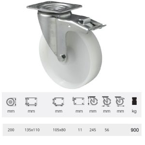 BHPN 2003 6100, Rolă pivotantă pentru sarcini mari, suprafață de rulare din plastic (poliamidă), montată în furcă zincată, 200 mm, capacitate de încărcare 900 kg