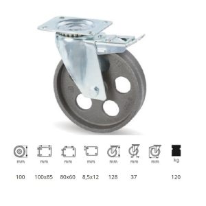 BLCN 1002 1000, Rolă pivotantă cu frână, montată în furcă zincată, roată din fontă, cu rezistență termică ridicată, 100 mm, capacitate de încărcare 120 kg, +500 Celsius