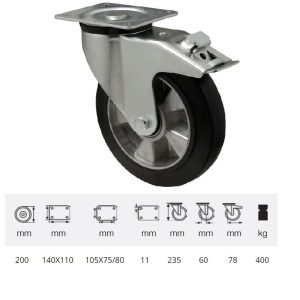 BPAB 2003 6150, Rolă pivotantă cu frână, montată în furcă zincată, cu suprafață de rulare din cauciuc plin negru, 200 mm, 400 kg, prindere cu placă