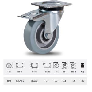 BPAG 1001 6150, Rolă pivotantă cu frână, montată în furcă zincată, cu suprafață de rulare din cauciuc gri, fără urme plin, 100 mm, 180 kg, prindere cu placă