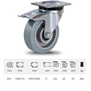 BPAG 2003 6150, Rolă pivotantă cu frână, montată în furcă zincată, cu suprafață de rulare din cauciuc gri, fără urme plin, 200 mm, 400 kg, prindere cu placă