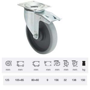 BPPE 1251 5100, Rolă pivotantă cu frână, montată în furcă zincată, Suprafață de rulare premium din cauciuc plin ECOFORMA, 125 mm, capacitate de încărcare 150 kg, prindere cu placă