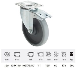 BPPE 1603 5100, Rolă pivotantă cu frână, montată în furcă zincată, Suprafață de rulare premium din cauciuc plin ECOFORMA, 160 mm, capacitate de încărcare 200 kg, prindere cu placă