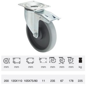 BPPE 2003 5100, Rolă pivotantă cu frână, montată în furcă zincată, Suprafață de rulare premium din cauciuc plin ECOFORMA, 200 mm, capacitate de încărcare 225 kg, prindere cu placă