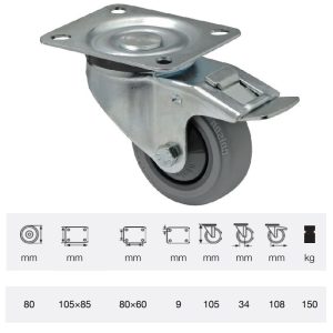 BPPF 0801 5100, Rolă pivotantă cu frână, montată în furcă zincată, Suprafață de rulare premium din cauciuc plin PERFORMA, 80 mm, capacitate de încărcare 150 kg, prindere cu placă