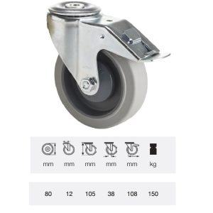 BPPF 0805 5100, Rolă pivotantă cu frână, montată în furcă zincată, Suprafață de rulare premium din cauciuc plin PERFORMA, 80 mm, capacitate de încărcare 150 kg, prindere cu gaură centrală