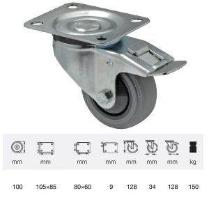 BPPF 1001 5100, Rolă pivotantă cu frână, montată în furcă zincată, Suprafață de rulare premium din cauciuc plin PERFORMA, 100 mm, capacitate de încărcare 150 kg, prindere cu placă