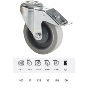BPPF 1005 5100, Rolă pivotantă cu frână, montată în furcă zincată, Suprafață de rulare premium din cauciuc plin PERFORMA, 100 mm, capacitate de încărcare 150 kg, prindere cu gaură centrală