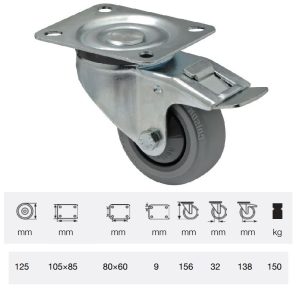 BPPF 1251 5100, Rolă pivotantă cu frână, montată în furcă zincată, Suprafață de rulare premium din cauciuc plin PERFORMA, 125 mm, capacitate de încărcare 150 kg, prindere cu placă