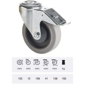 BPPF 1255 5100, Rolă pivotantă cu frână, montată în furcă zincată, Suprafață de rulare premium din cauciuc plin PERFORMA, 125 mm, capacitate de încărcare 150 kg, prindere cu gaură centrală