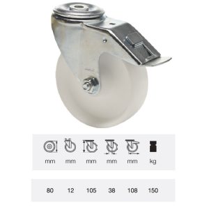 BPPN 0805 1100, Rolă pivotantă cu frână, suprafață de rulare din plastic (poliamidă), montată în furcă zincată, 80 mm, capacitate de încărcare 150 kg, prindere cu gaură centrală