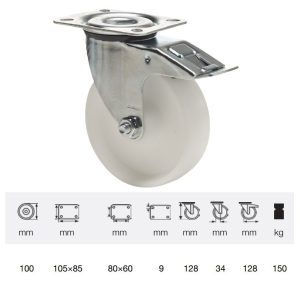 BPPN 1001 1100, Rolă pivotantă cu frână, suprafață de rulare din plastic (poliamidă), montată în furcă zincată, 100 mm, capacitate de încărcare 150 kg, prindere cu placă