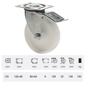 BPPN 1251 1100, Rolă pivotantă cu frână, suprafață de rulare din plastic (poliamidă), montată în furcă zincată, 125 mm, capacitate de încărcare 150 kg, prindere cu placă