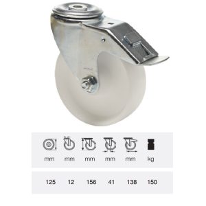 BPPN 1255 1100, Rolă pivotantă cu frână, suprafață de rulare din plastic (poliamidă), montată în furcă zincată, 125 mm, capacitate de încărcare 150 kg, prindere cu gaură centrală