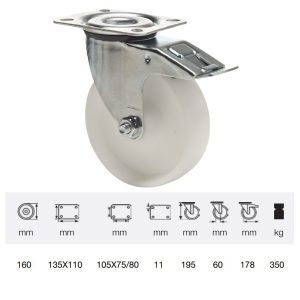 BPPN 1603 1100, Rolă pivotantă cu frână, suprafață de rulare din plastic (poliamidă), montată în furcă zincată, 160 mm, capacitate de încărcare 350 kg, prindere cu placă