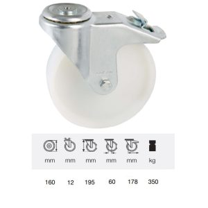 BPPN 1607 1100, Rolă pivotantă cu frână, suprafață de rulare din plastic (poliamidă), montată în furcă zincată, 160 mm, capacitate de încărcare 350 kg, prindere cu gaură centrală