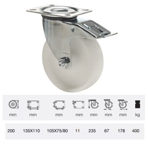 BPPN 2003 1100, Rolă pivotantă cu frână, suprafață de rulare din plastic (poliamidă), montată în furcă zincată, 200 mm, capacitate de încărcare 400 kg, prindere cu placă