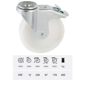 BPPN 2007 1100, Rolă pivotantă cu frână, suprafață de rulare din plastic (poliamidă), montată în furcă zincată, 200 mm, capacitate de încărcare 400 kg, prindere cu gaură centrală