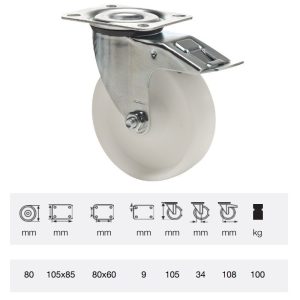 BPPP 0801 1100, Rolă pivotantă cu frână, suprafață de rulare din plastic (polipropilenă), montată în furcă zincată, 80 mm, capacitate de încărcare 150 kg, prindere cu placă