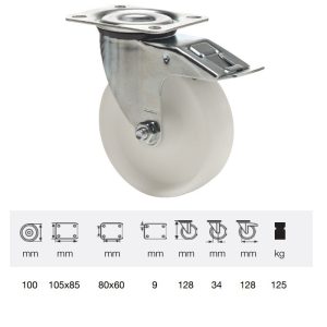 BPPP 1001 1100, Rolă pivotantă cu frână, suprafață de rulare din plastic (polipropilenă), montată în furcă zincată, 100 mm, capacitate de încărcare 150 kg, prindere cu placă
