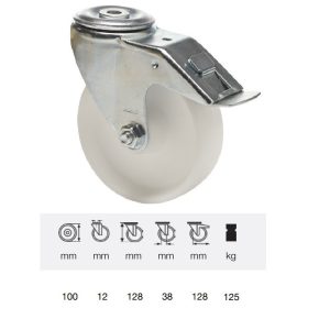 BPPP 1005 1100, Rolă pivotantă cu frână, suprafață de rulare din plastic (polipropilenă), montată în furcă zincată, 100 mm, capacitate de încărcare 150 kg, prindere cu gaură centrală