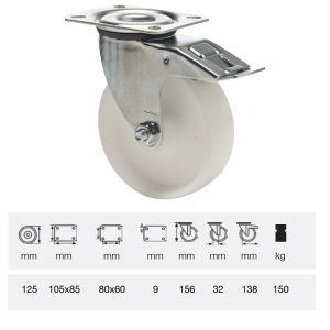 BPPP 1251 1100, Rolă pivotantă cu frână, suprafață de rulare din plastic (polipropilenă), montată în furcă zincată, 125 mm, capacitate de încărcare 150 kg, prindere cu placă