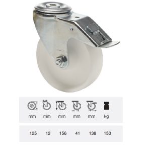 BPPP 1255 1100, Rolă pivotantă cu frână, suprafață de rulare din plastic (polipropilenă), montată în furcă zincată, 125 mm, capacitate de încărcare 150 kg, prindere cu gaură centrală