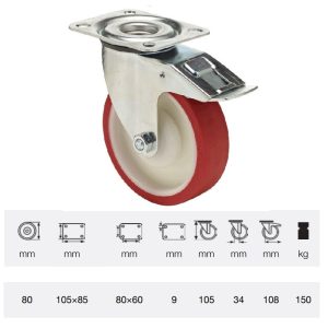 BPPU 0801 5100, Rolă pivotantă cu frână, cu suprafață de rulare din poliuretan, montată în furcă zincată, 80 mm, capacitate de încărcare 150 kg, prindere cu placă