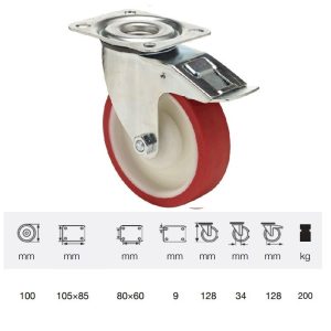 BPPU 1001 5100, Rolă pivotantă cu frână, cu suprafață de rulare din poliuretan, montată în furcă zincată, 100 mm, capacitate de încărcare 150 kg, prindere cu placă