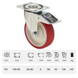 BPPU 1251 5100, Rolă pivotantă cu frână, cu suprafață de rulare din poliuretan, montată în furcă zincată, 125 mm, capacitate de încărcare 150 kg, prindere cu placă