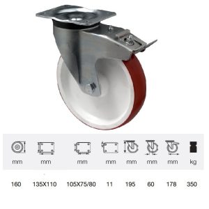 BPPU 1603 2100, Rolă pivotantă cu frână, cu suprafață de rulare din poliuretan, montată în furcă zincată, 160 mm, capacitate de încărcare 300 kg, prindere cu placă