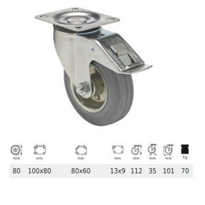 BPSG 0801 2100 L, Rolă pivotantă cu frână, suprafață de rulare din cauciuc gri, fără urme, 80 mm, capacitate de încărcare 70 kg, prindere cu placă