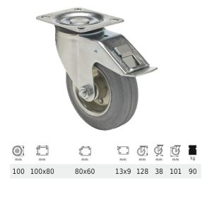 BPSG 1001 2100 L, Rolă pivotantă cu frână, suprafață de rulare din cauciuc gri, fără urme, 100 mm, capacitate de încărcare 90 kg, prindere cu placă