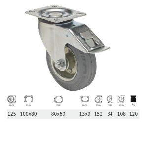 BPSG 1251 2100 L, Rolă pivotantă cu frână, suprafață de rulare din cauciuc gri, fără urme, 125 mm, capacitate de încărcare 120 kg, prindere cu placă