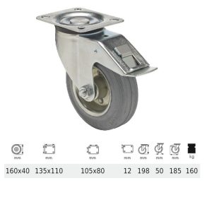 BPSG 1603 2100 W, Rolă pivotantă cu frână, suprafață de rulare din cauciuc gri, fără urme, 160 mm, capacitate de încărcare 160 kg, prindere cu placă